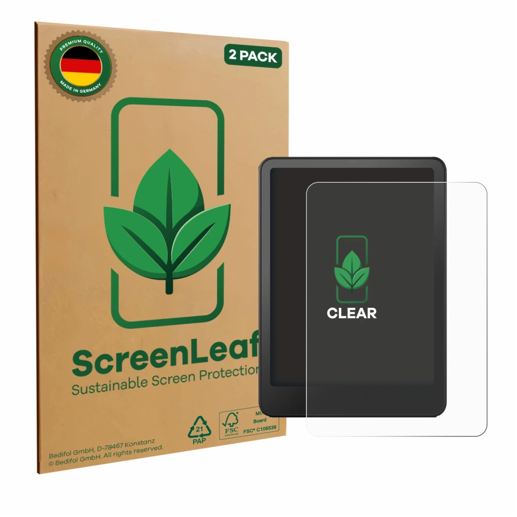 Front side of a product packaging with the brand logo ScreenLeaf. Next to it is the device Amazon Kindle Paperwhite 2024 Signa