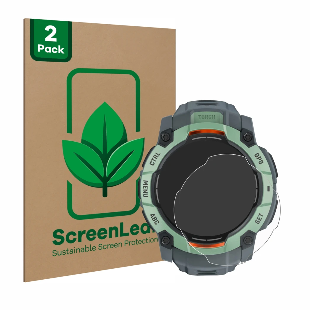 Front side of a product packaging with the brand logo ScreenLeaf. Next to it is the device Garmin Instinct 3 AMOLED (45 mm) sh