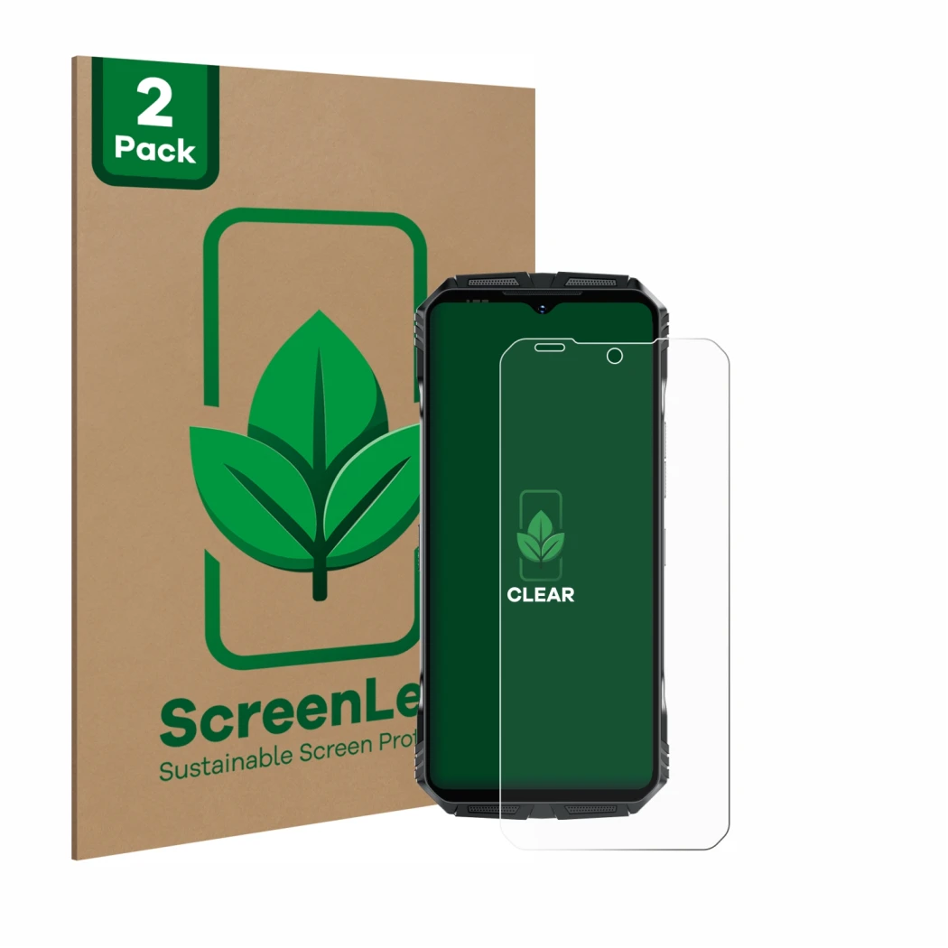 Front side of a product packaging with the brand logo ScreenLeaf. Next to it is the device Doogee S118 Pro shown with the corr