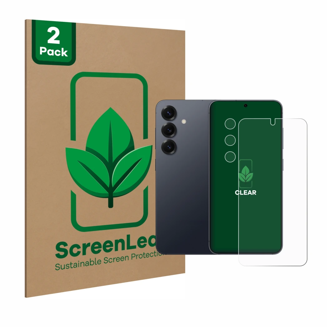 Front side of a product packaging with the brand logo ScreenLeaf. Next to it is the device Samsung Galaxy S25 (Front+Camera) s
