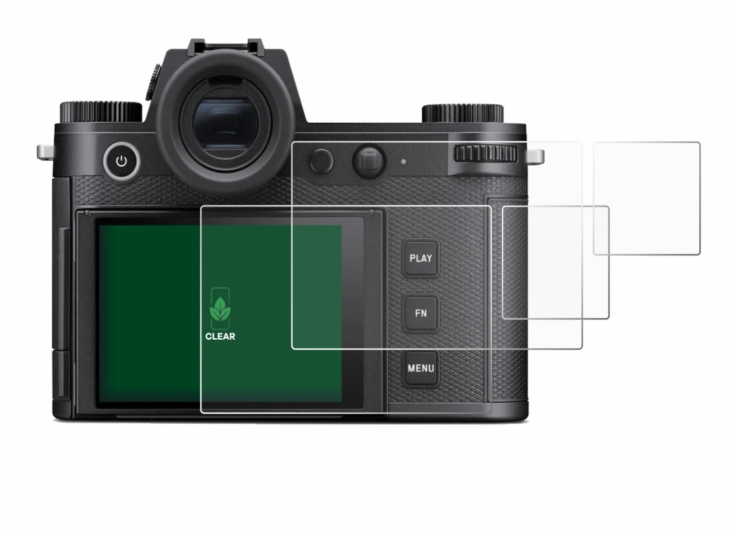 Image of the device Leica SL3-S (Display + top plate display) with a wide variety of screen protectors.