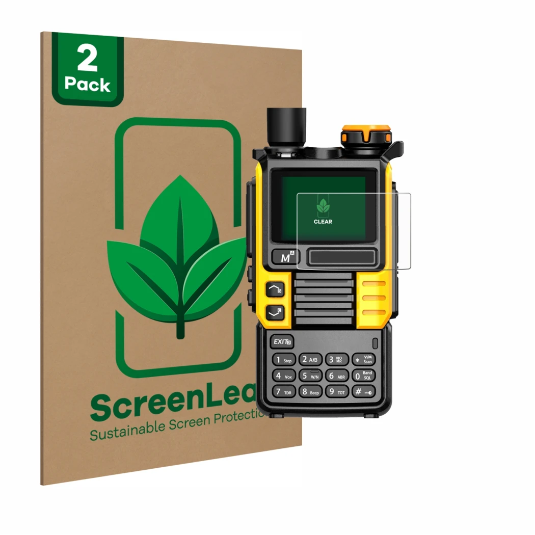 Front side of a product packaging with the brand logo ScreenLeaf. Next to it is the device Quansheng UV-K5 (99) shown with the