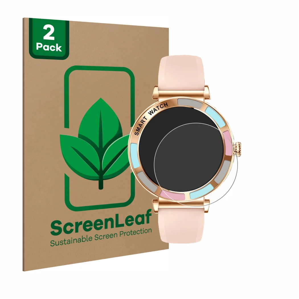 Front side of a product packaging with the brand logo ScreenLeaf. Next to it is the device Braidol Smartwatch 1.27