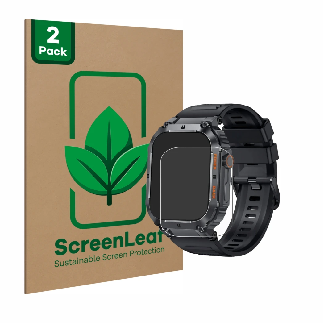 Front side of a product packaging with the brand logo ScreenLeaf. Next to it is the device bedee Smartwatch 1.96