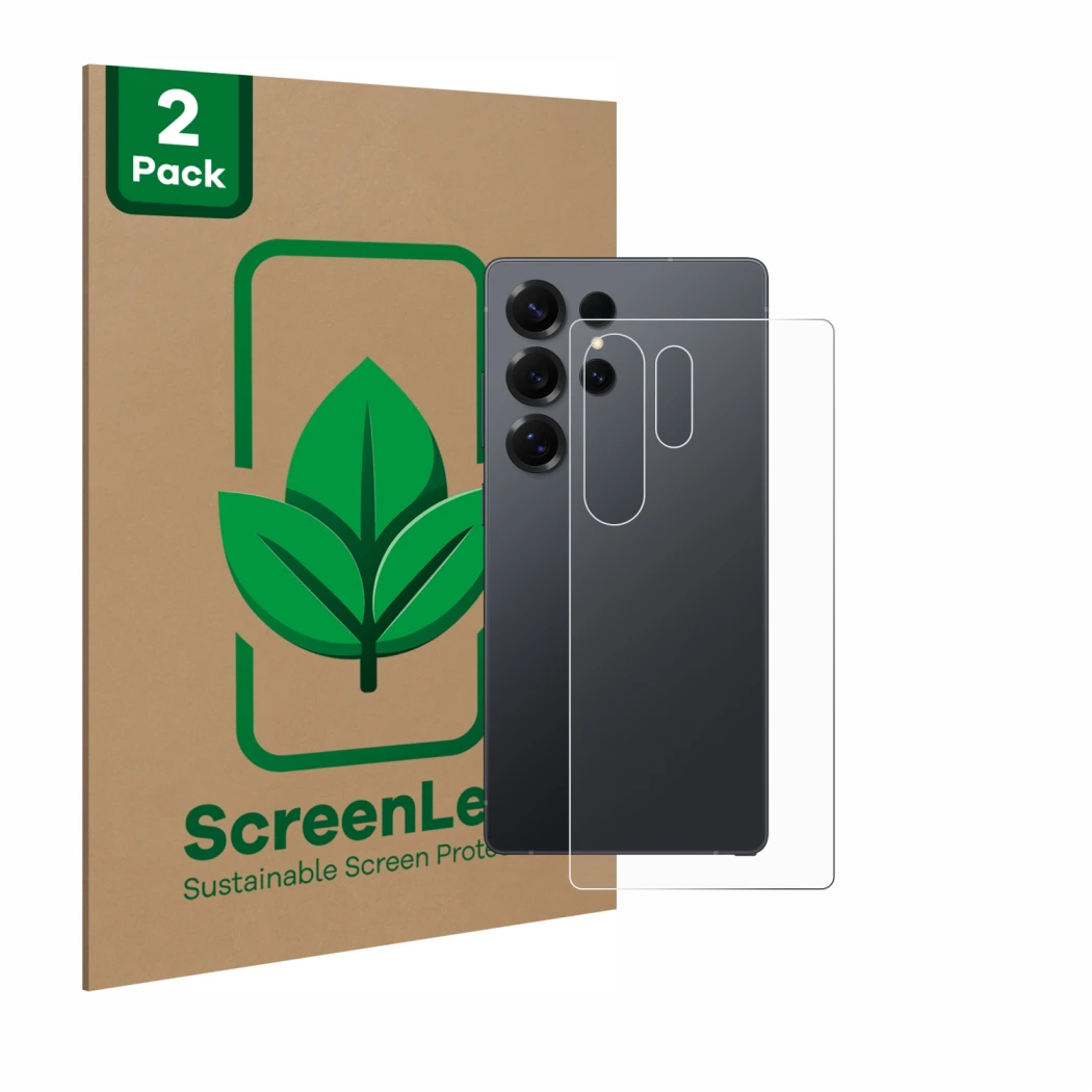 Front side of a product packaging with the brand logo ScreenLeaf. Next to it is the device Samsung Galaxy S25 Ultra (Back) sho