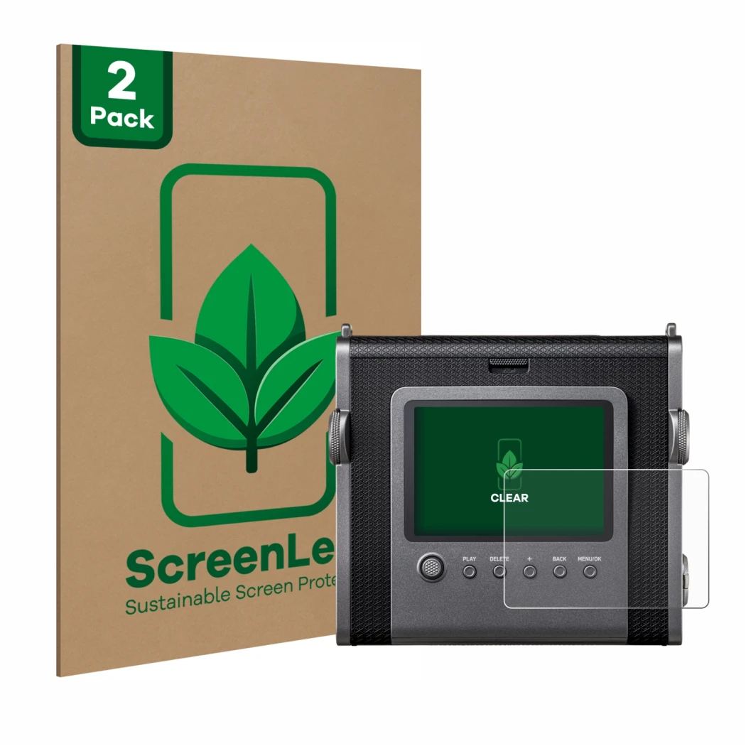 Front side of a product packaging with the brand logo ScreenLeaf. Next to it is the device Fujifilm Instax Wide Evo shown with