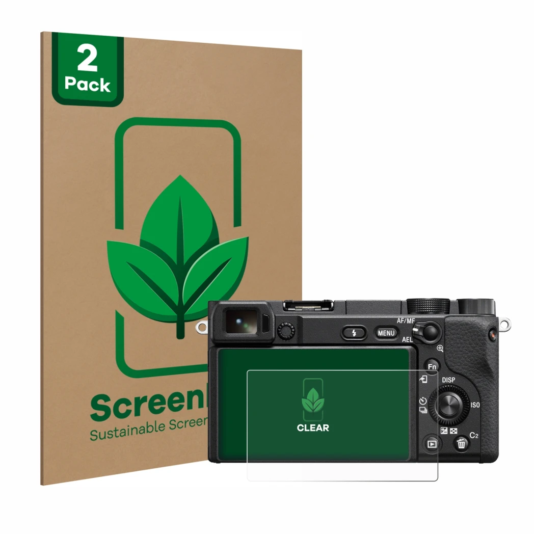 Front side of a product packaging with the brand logo ScreenLeaf. Next to it is the device Sony Alpha 6400A shown with the cor