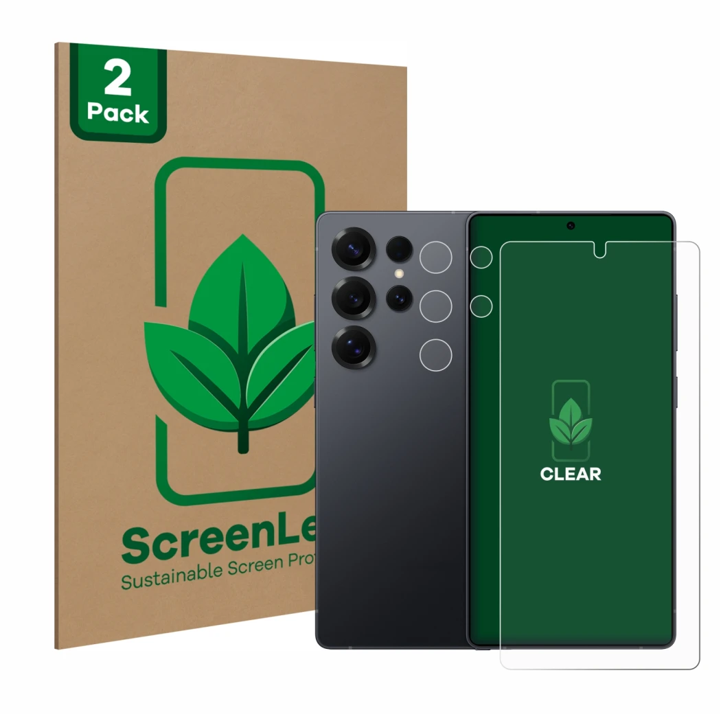 Front side of a product packaging with the brand logo ScreenLeaf. Next to it is the device Samsung Galaxy S25 Ultra Enterprise
