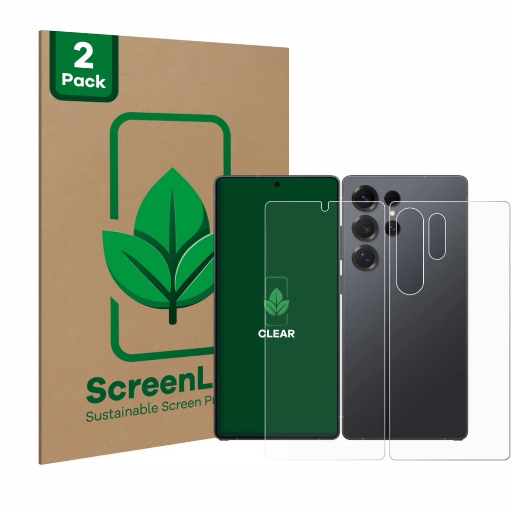 Front side of a product packaging with the brand logo ScreenLeaf. Next to it is the device Samsung Galaxy S25 Ultra Enterprise