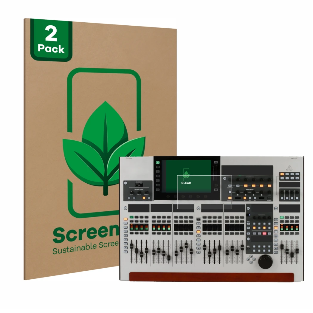 Front side of a product packaging with the brand logo ScreenLeaf. Next to it is the device Behringer Wing shown with the corre