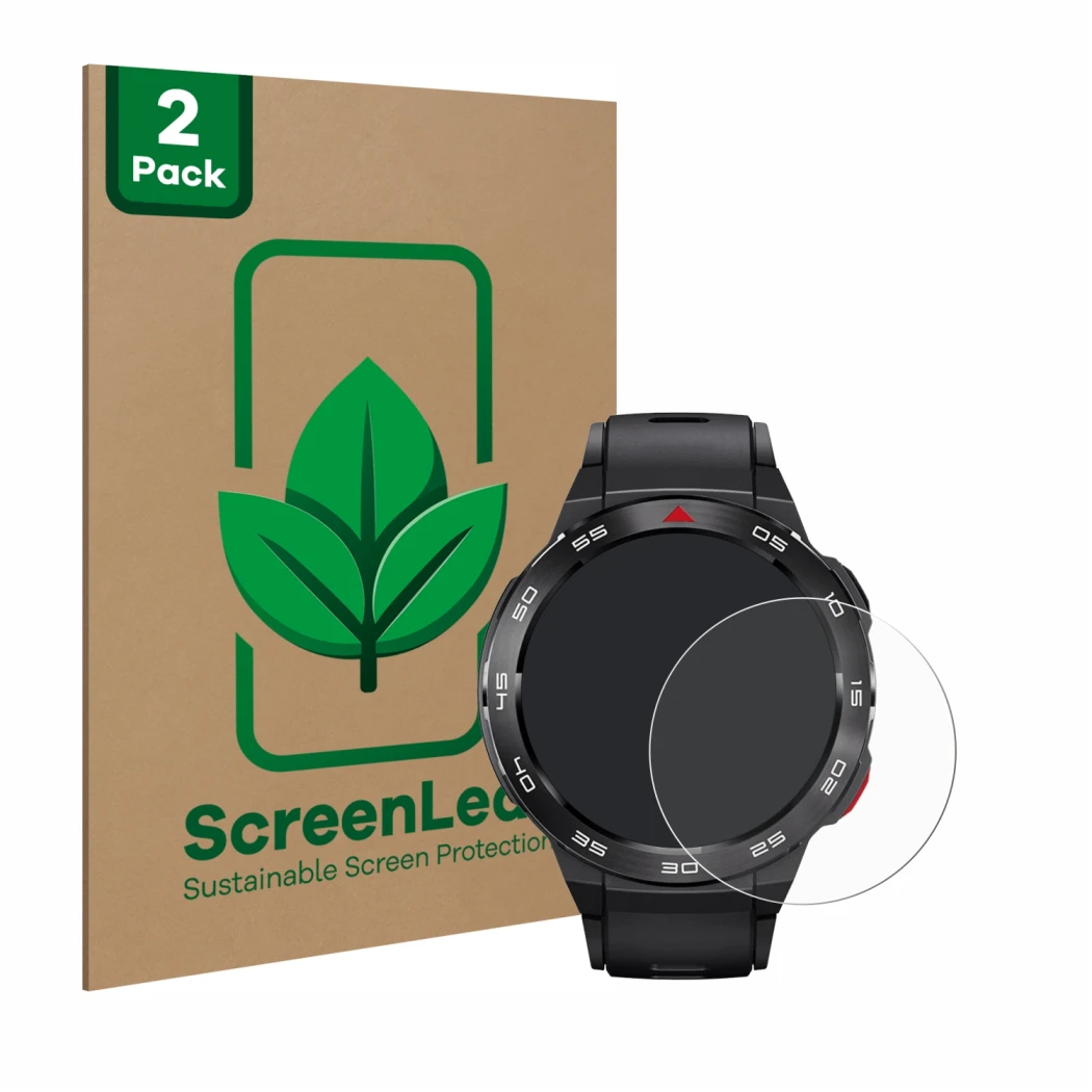 Front side of a product packaging with the brand logo ScreenLeaf. Next to it is the device Xiaomi Mibro GS Pro shown with the 