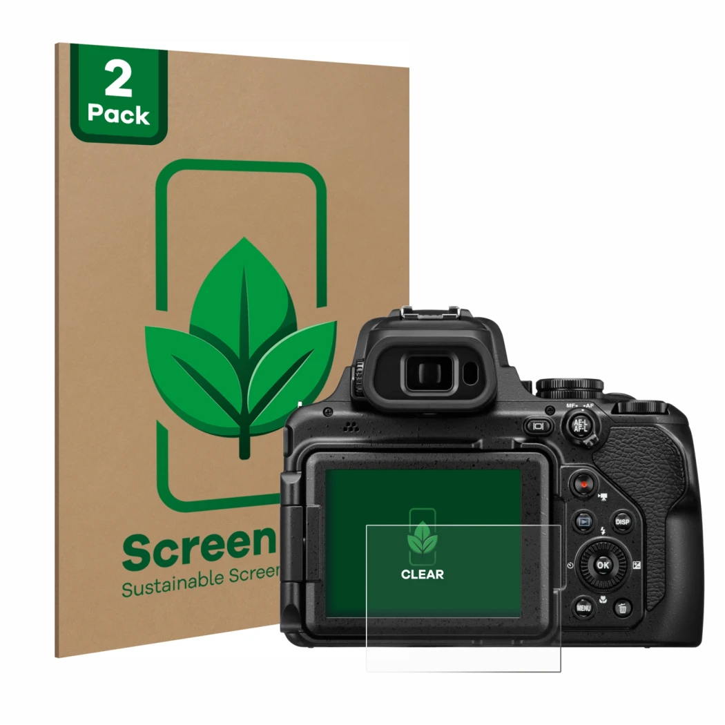 Front side of a product packaging with the brand logo ScreenLeaf. Next to it is the device Nikon Coolpix P1100 shown with the 