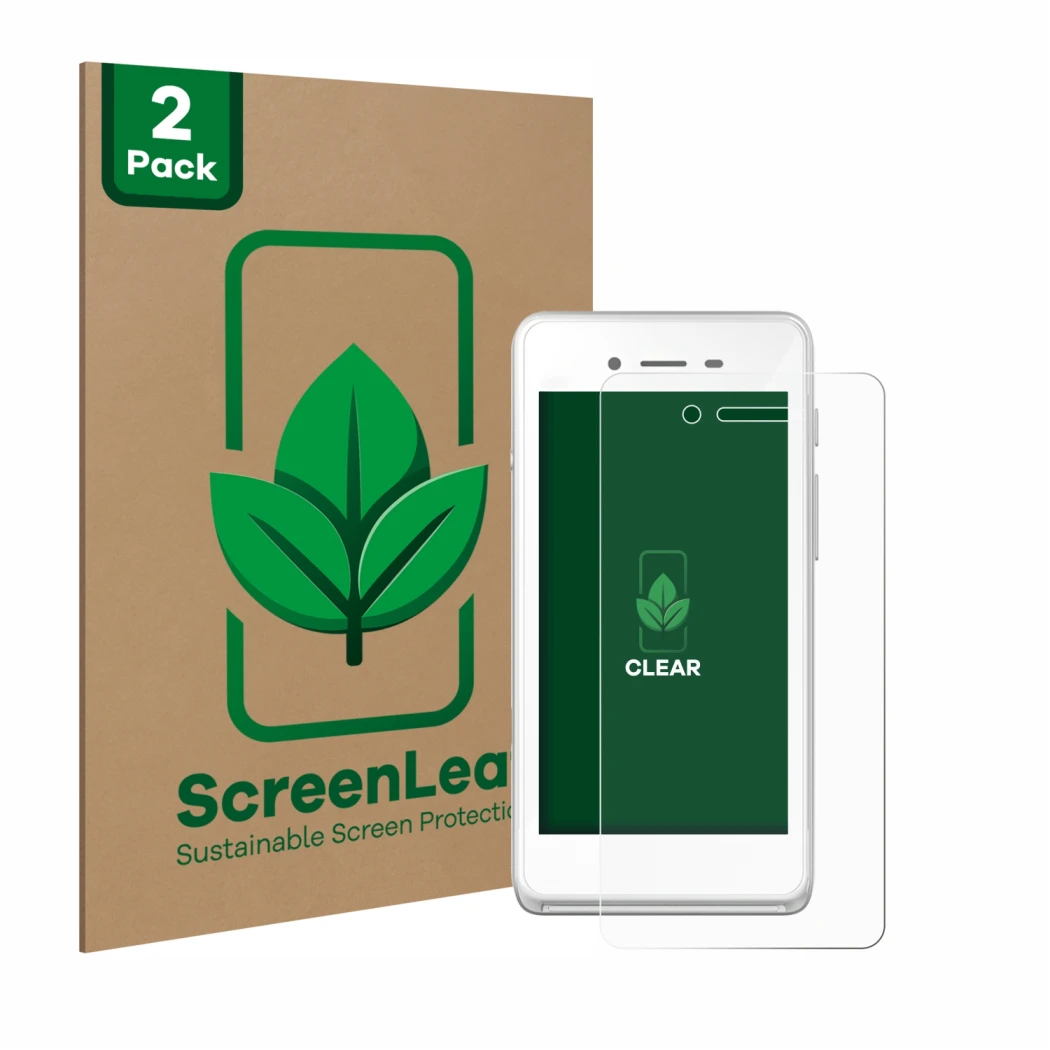 Front side of a product packaging with the brand logo ScreenLeaf. Next to it is the device Pax A50 wallee shown with the corre