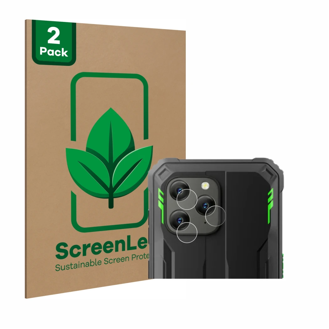 Front side of a product packaging with the brand logo ScreenLeaf. Next to it is the device Blackview BV5300 Plus (ONLY Camera 