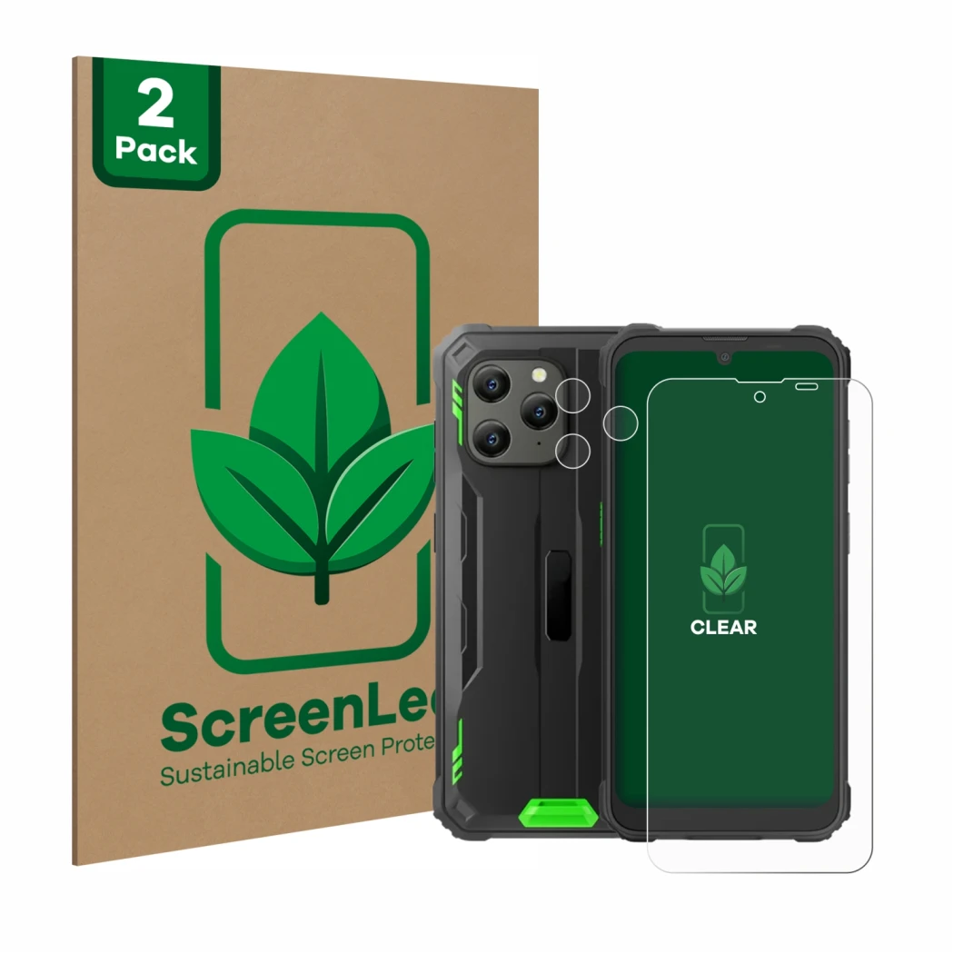 Front side of a product packaging with the brand logo ScreenLeaf. Next to it is the device Blackview BV5300 Plus (Front+Camera
