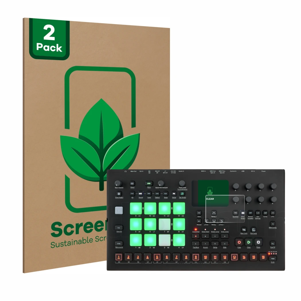 Front side of a product packaging with the brand logo ScreenLeaf. Next to it is the device Elektron Analog Rytm MKII shown wit