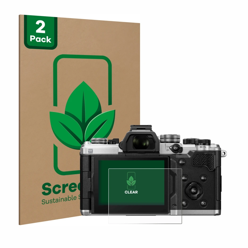 Front side of a product packaging with the brand logo ScreenLeaf. Next to it is the device OM System OM-3 shown with the corre