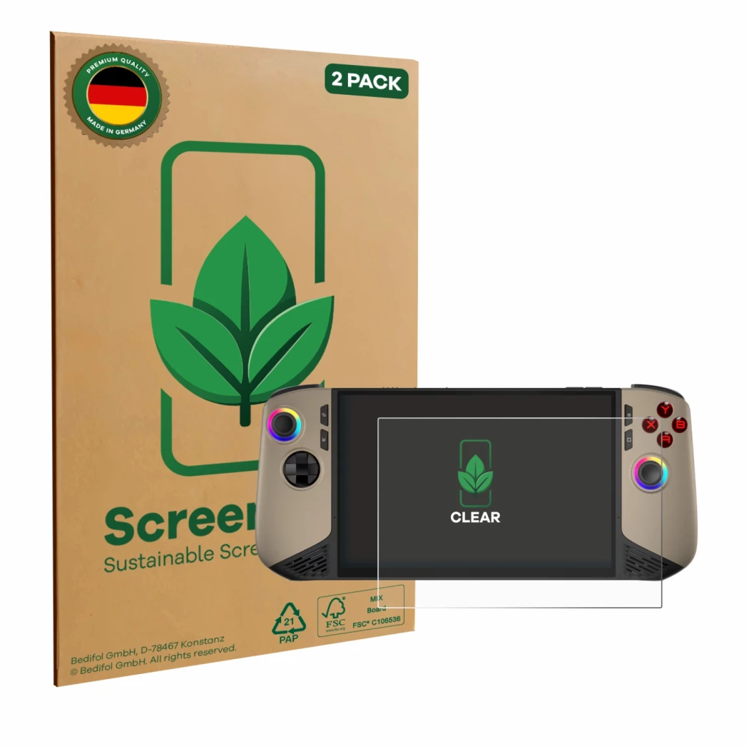 Front side of a product packaging with the brand logo ScreenLeaf. Next to it is the device MSI Claw 8 AI+ shown with the corre