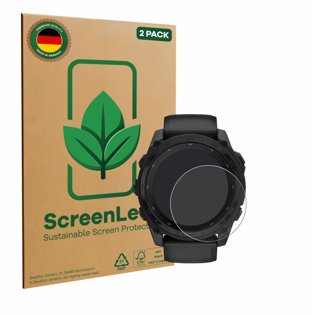 Front side of a product packaging with the brand logo ScreenLeaf. Next to it is the device Garmin Tactix 8 Solar (51 mm) shown