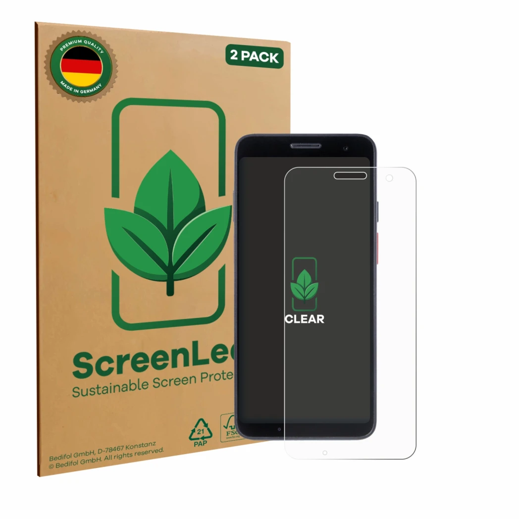 Front side of a product packaging with the brand logo ScreenLeaf. Next to it is the device Honeywell CT37 shown with the corre