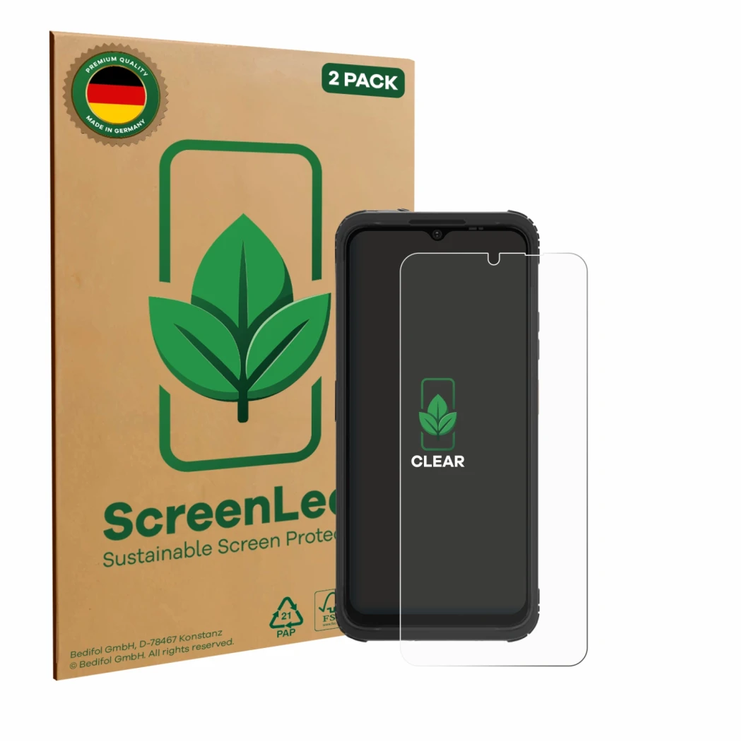 Front side of a product packaging with the brand logo ScreenLeaf. Next to it is the device AGM H Max shown with the correspond