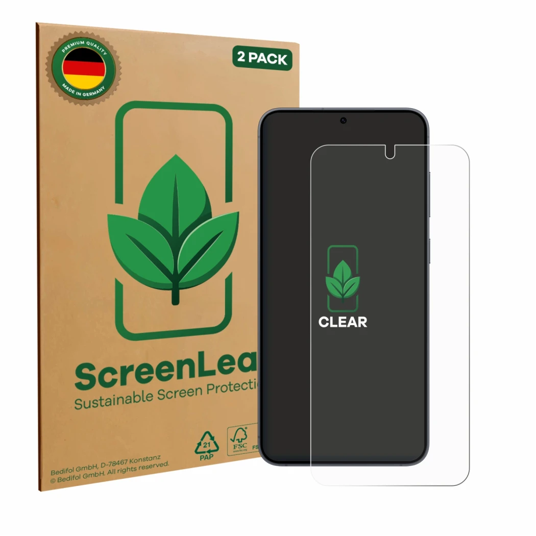 Front side of a product packaging with the brand logo ScreenLeaf. Next to it is the device Samsung Galaxy S25 Plus Enterprise 