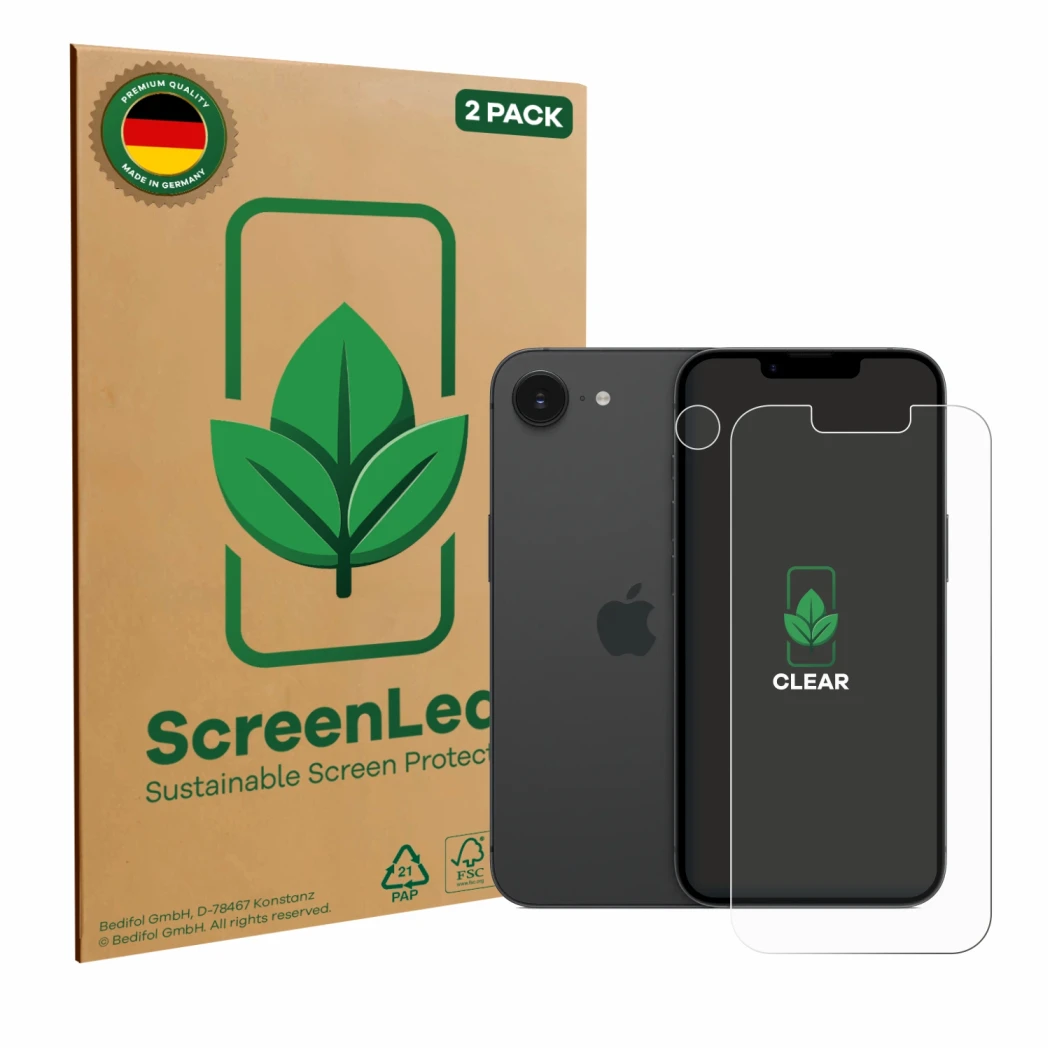 Front side of a product packaging with the brand logo ScreenLeaf. Next to it is the device Apple iPhone 16e (Front+Camera) sho