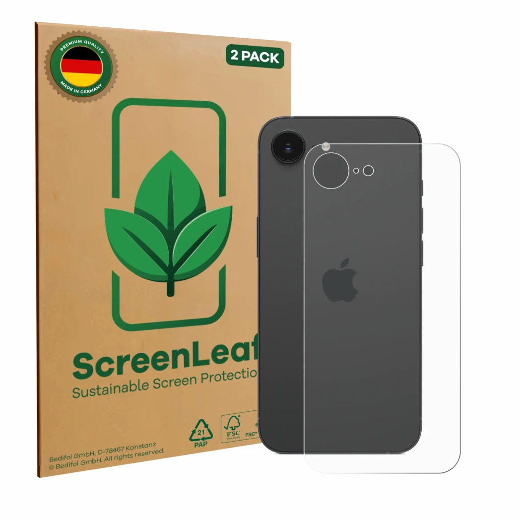 Front side of a product packaging with the brand logo ScreenLeaf. Next to it is the device Apple iPhone 16e (Back) shown with 