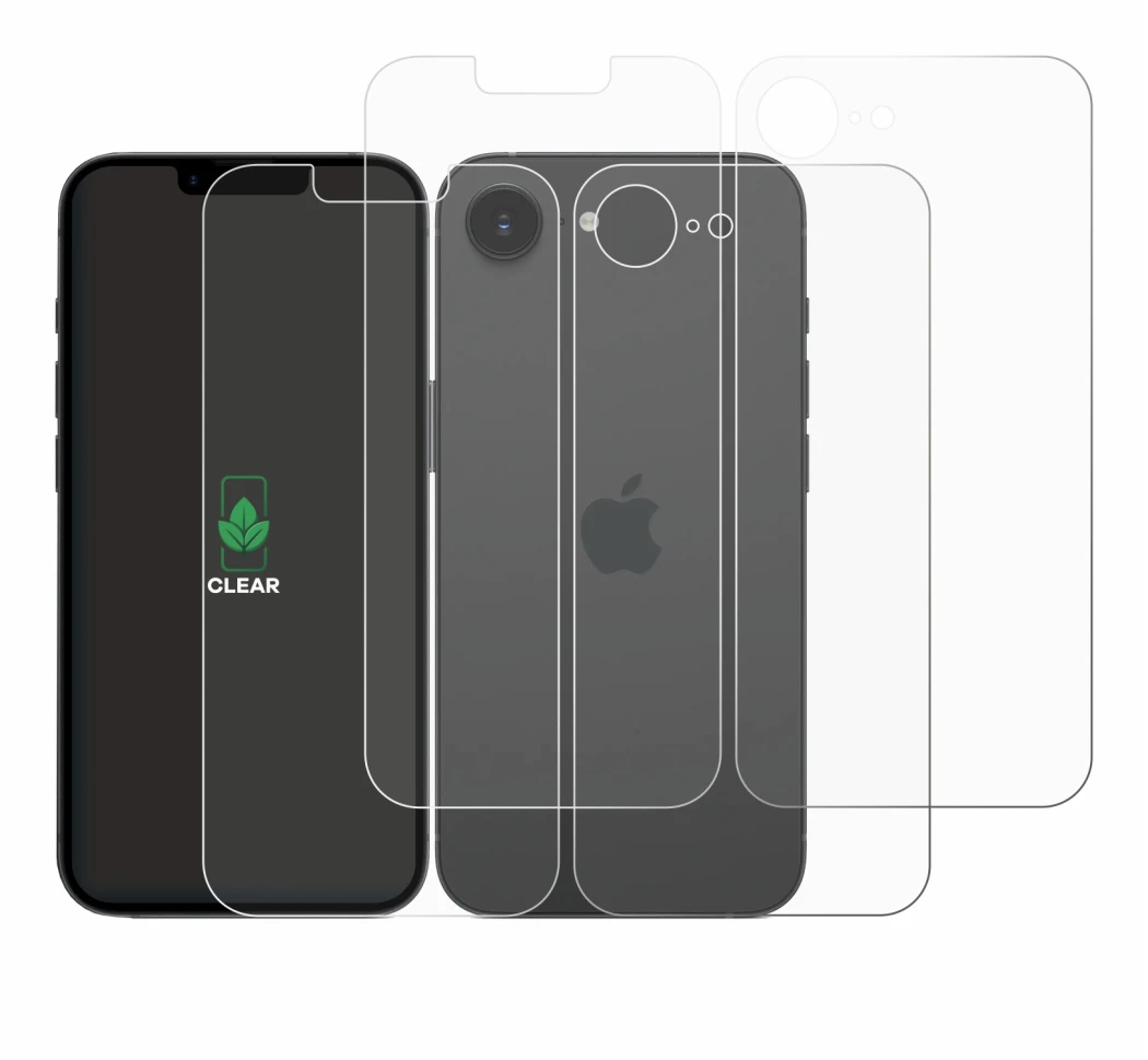 Image of the device Apple iPhone 16e (Front+Back) with a wide variety of screen protectors.