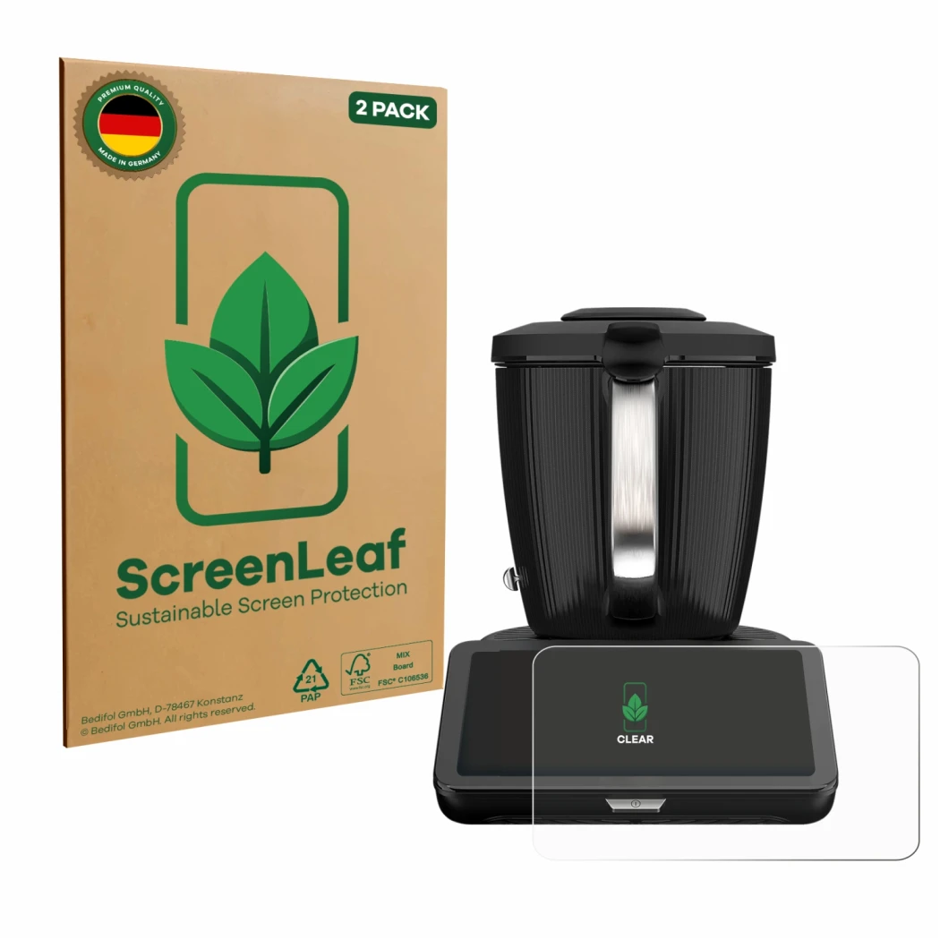 Front side of a product packaging with the brand logo ScreenLeaf. Next to it is the device Vorwerk Thermomix TM7 shown with th