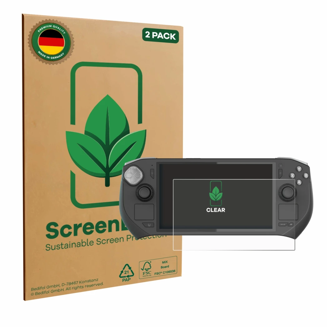 Front side of a product packaging with the brand logo ScreenLeaf. Next to it is the device Zotac Gaming Zone shown with the co