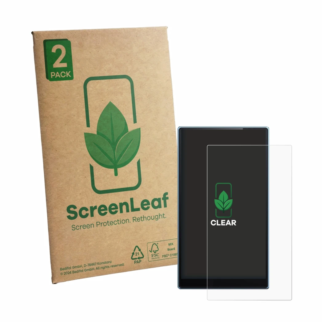 Front side of a product packaging with the brand logo ScreenLeaf. Next to it is the device FiiO JM21 shown with the correspond