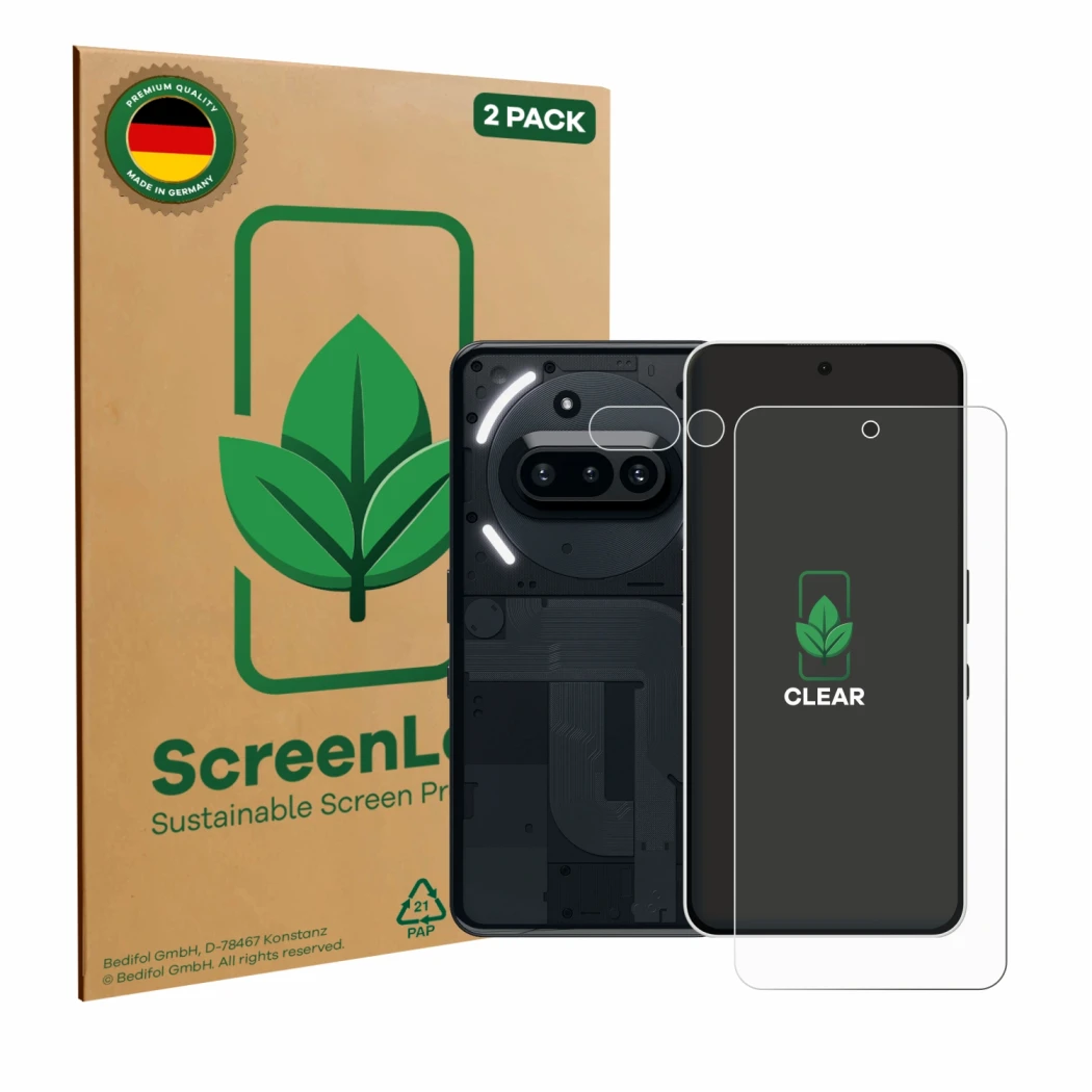 Front side of a product packaging with the brand logo ScreenLeaf. Next to it is the device Nothing Phone (3a) (Front+Camera) s