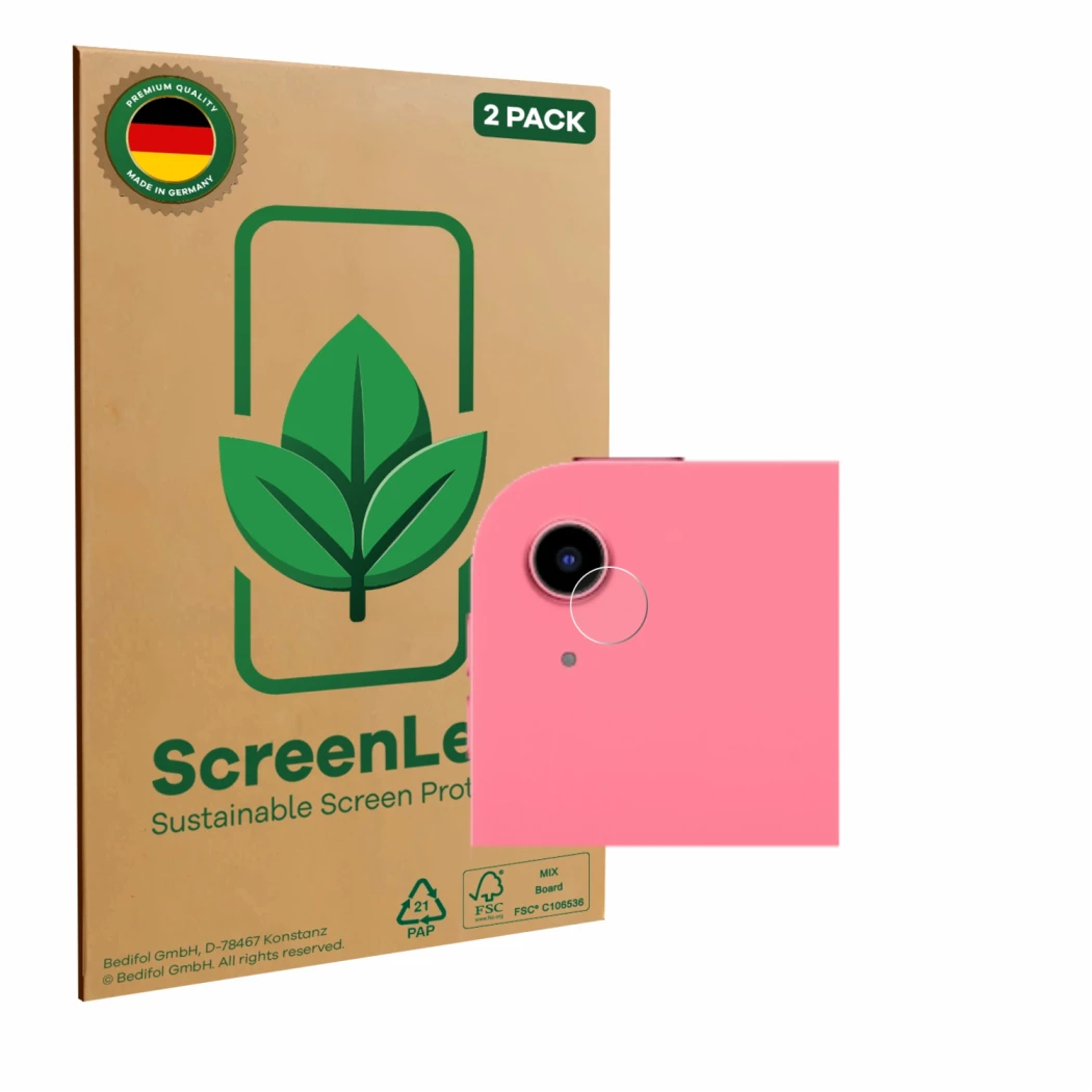 Front side of a product packaging with the brand logo ScreenLeaf. Next to it is the device Apple iPad A16 11