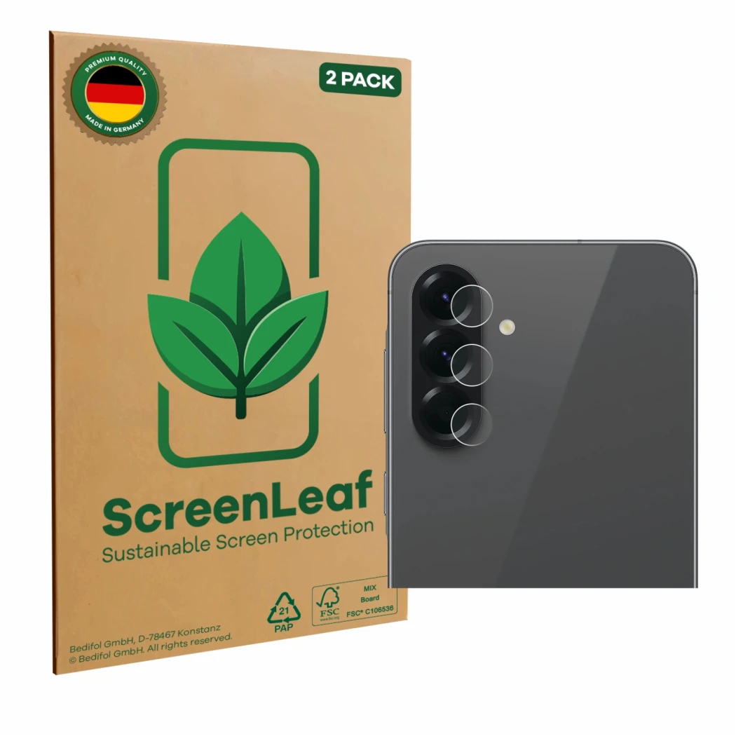 Front side of a product packaging with the brand logo ScreenLeaf. Next to it is the device Samsung Galaxy A56 5G (ONLY Camera 