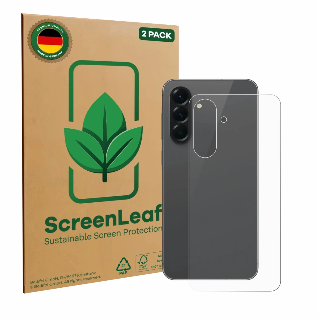 Front side of a product packaging with the brand logo ScreenLeaf. Next to it is the device Samsung Galaxy A56 5G (Back) shown 