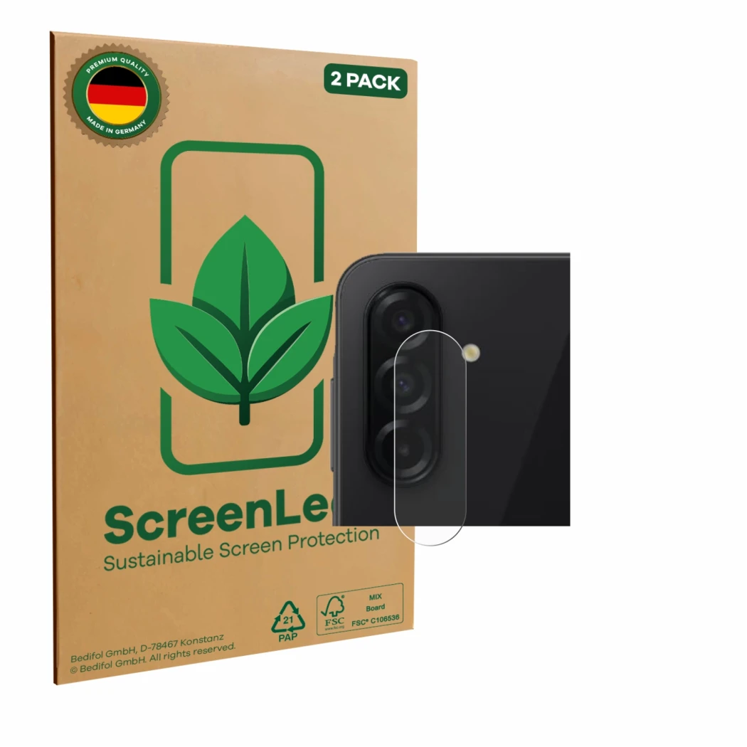 Front side of a product packaging with the brand logo ScreenLeaf. Next to it is the device Samsung Galaxy A26 5G (ONLY Camera 