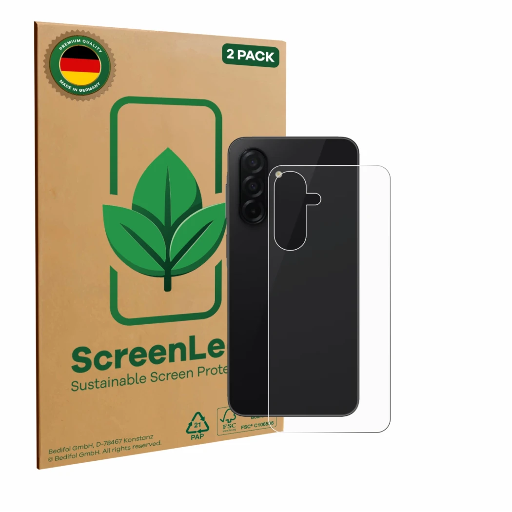 Front side of a product packaging with the brand logo ScreenLeaf. Next to it is the device Samsung Galaxy A26 5G (Back) shown 