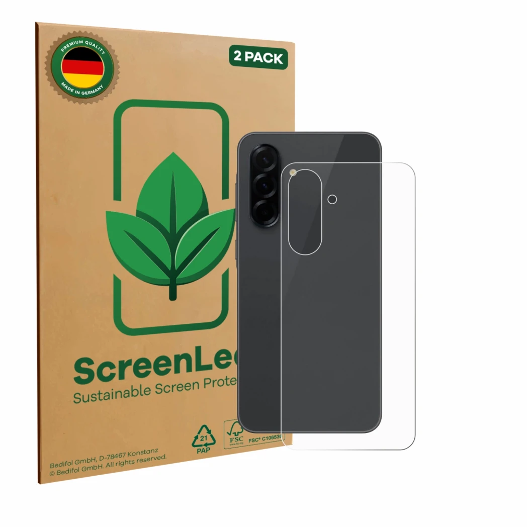 Front side of a product packaging with the brand logo ScreenLeaf. Next to it is the device Samsung Galaxy A36 5G (Back) shown 