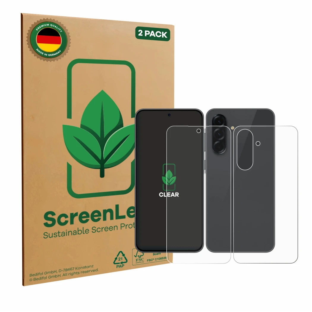 Front side of a product packaging with the brand logo ScreenLeaf. Next to it is the device Samsung Galaxy A36 5G (Front+Back) 