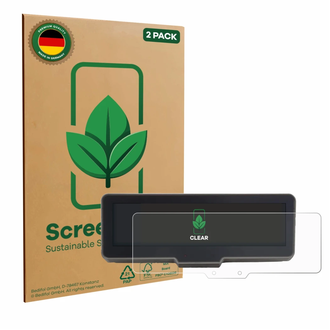 Front side of a product packaging with the brand logo ScreenLeaf. Next to it is the device KTM 990 Duke R 2025 shown with the 