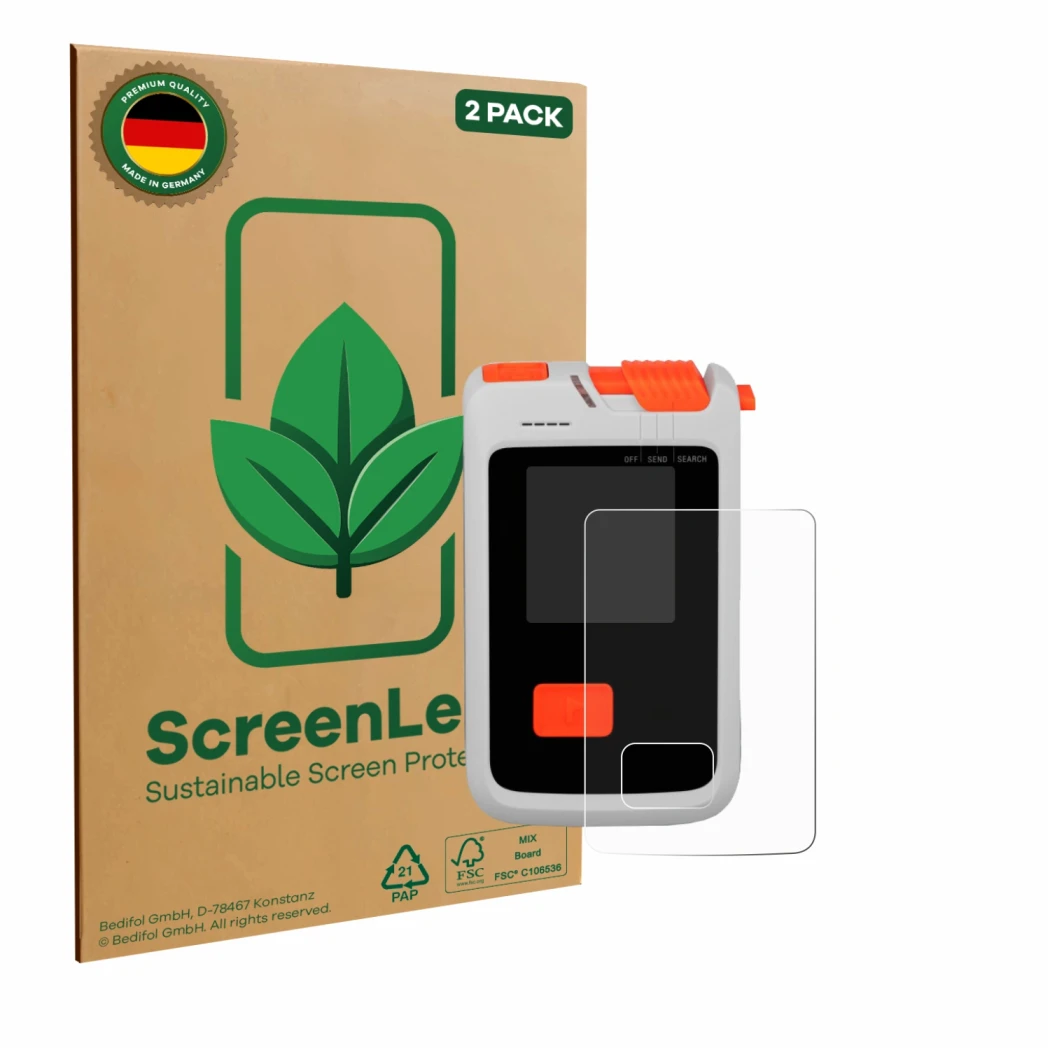 Front side of a product packaging with the brand logo ScreenLeaf. Next to it is the device Mammut Barryvox Barryvox 2 shown wi