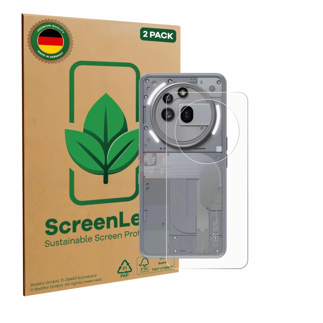 Front side of a product packaging with the brand logo ScreenLeaf. Next to it is the device Nothing Phone (3a) Pro (Back) shown