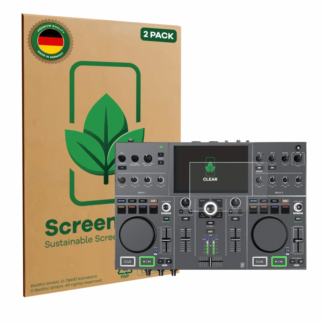 Front side of a product packaging with the brand logo ScreenLeaf. Next to it is the device Denon DJ Prime Go+ shown with the c