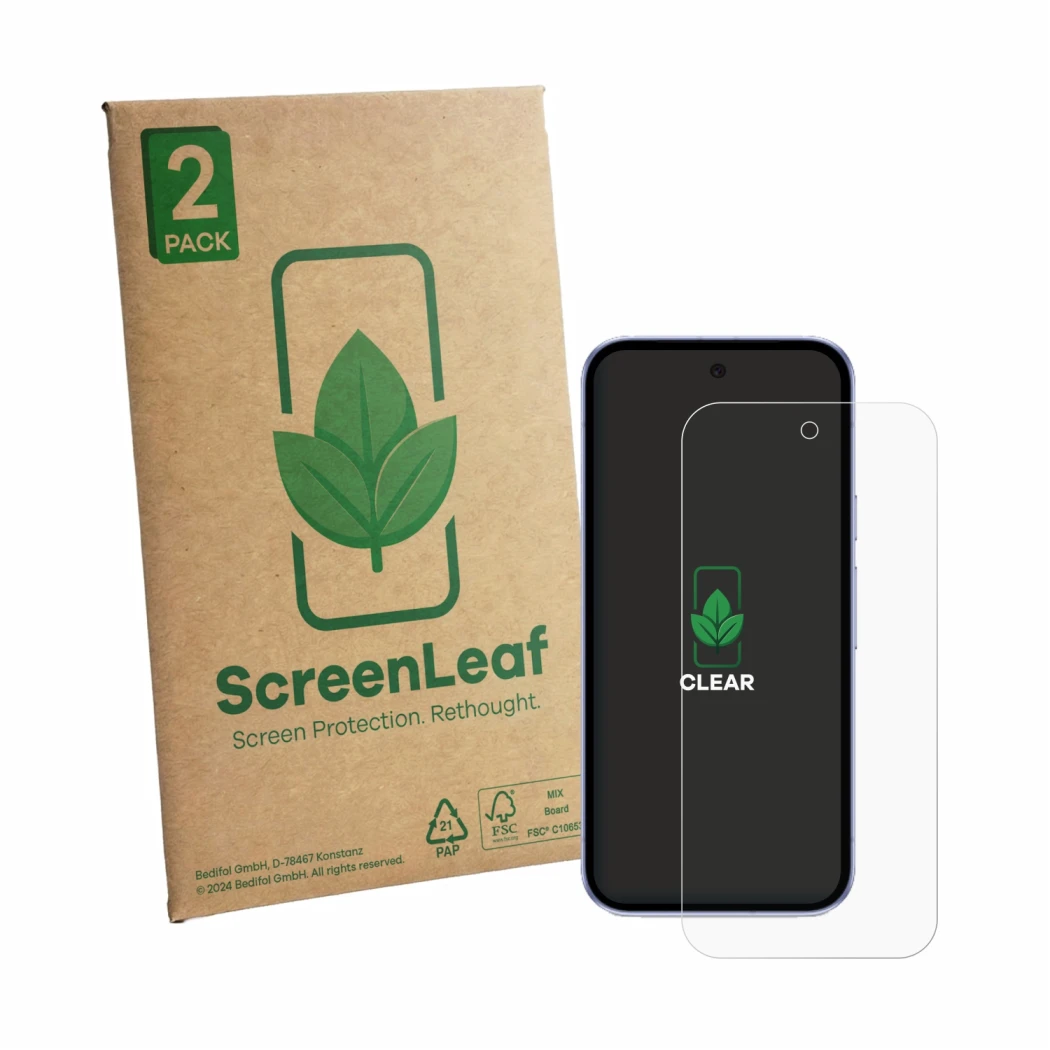 Front side of a product packaging with the brand logo ScreenLeaf. Next to it is the device Google Pixel 9a shown with the corr