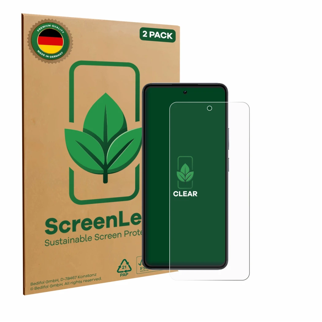 Front side of a product packaging with the brand logo ScreenLeaf. Next to it is the device realme 14 shown with the correspond