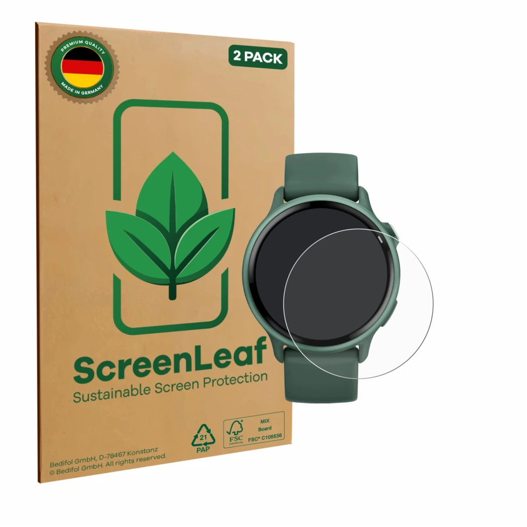 Front side of a product packaging with the brand logo ScreenLeaf. Next to it is the device Garmin vivoactive 6 shown with the 