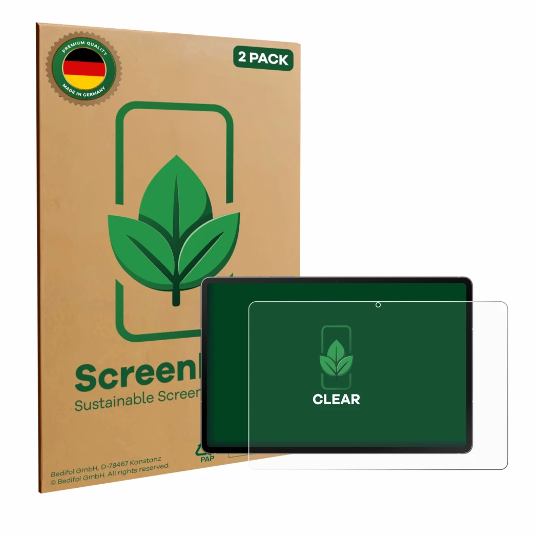 Front side of a product packaging with the brand logo ScreenLeaf. Next to it is the device Samsung Galaxy Tab S10 FE 5G shown 