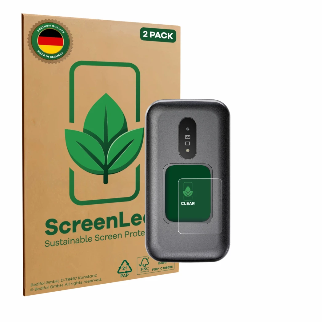 Front side of a product packaging with the brand logo ScreenLeaf. Next to it is the device Doro 2880 (Outer display) shown wit