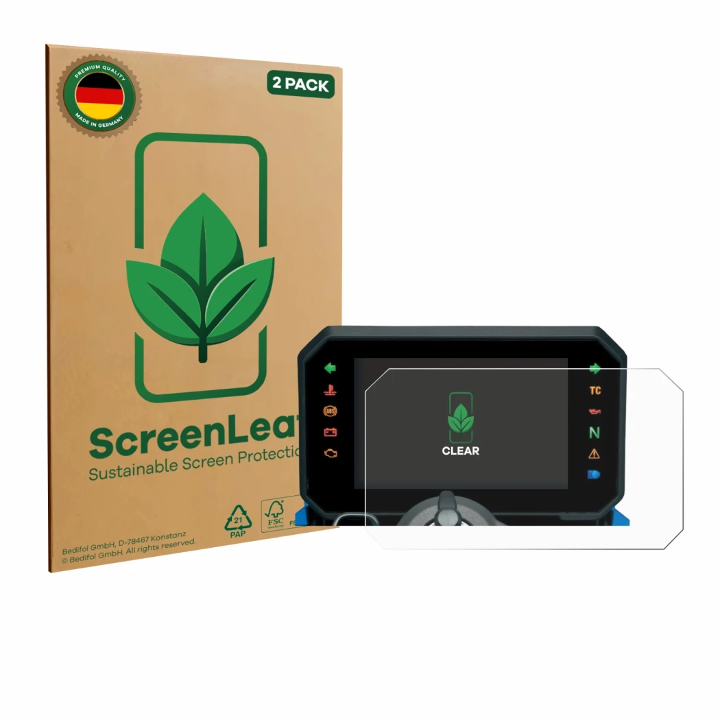 Front side of a product packaging with the brand logo ScreenLeaf. Next to it is the device Suzuki GSX-8S 2025 shown with the c